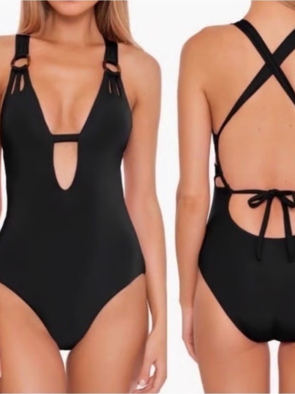 BECCA Black Deep V One-Piece with Crisscross Tie Back